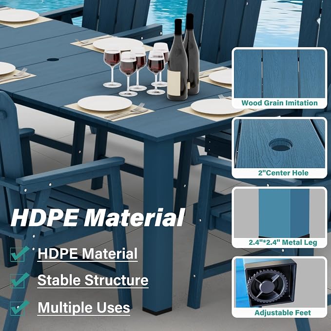 9 Piece HDPE Outdoor Dining Set for 8, Patio Table Chairs,Navy | 89.4” table,8 person outdoor table and chairs set, fade resistant HDPE, strong structure built for backyard entertaining