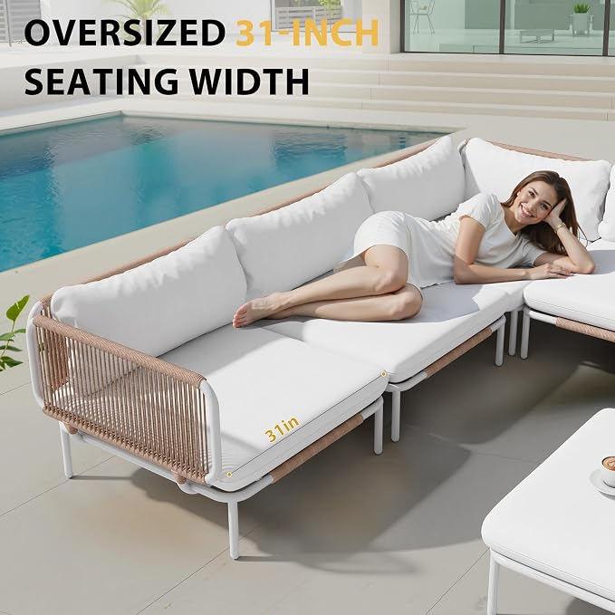4 Piece Modern Outdoor Sectional Sofa, 31" Oversized Patio Furniture Set with Olefin Woven Rope, Weather-Resistant Metal Frame and Removable Cushion, Beige