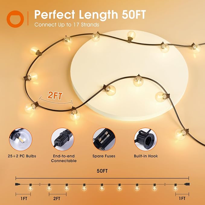 addlon 50FT Outdoor String Lights 27 G40 LED Bulbs Dimmable Waterproof | Shatterproof Globe Bulbs Dimmable, Hanging Patio Lighting for Outside Backyard Garden Deck Balcony Porch Cafe Bistro Pergola
