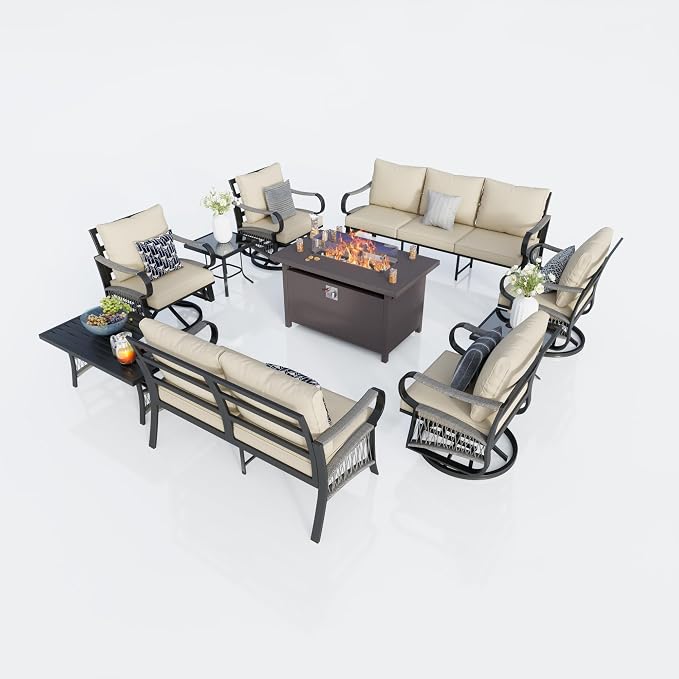 10-Piece Outdoor Furniture Set, Metal Swivel Rocking Chairs with All-Weather Cushions, Patio Conversation Set with Fire Pit Table for Deck, Porch, Garden, Backyard, Poolside (Beige Cushions)