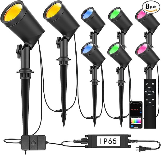 SUNTHIN 8 Pack RGBW Landscape Lights, Smart Color Changing Spot Lights | Outdoor LED Yard Lighting with Remote Control, Compatible with Alexa & Google Home, IP65 Waterproof for Garden, Trees & Walls