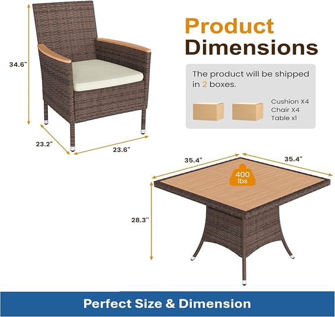 5-Piece Rattan Patio Dining Set with Acacia Wood Table 4 Armchairs and Cushions All-Weather Brown Wicker Outdoor Furniture Set for Backyard Deck Garden 35.4" Square Table