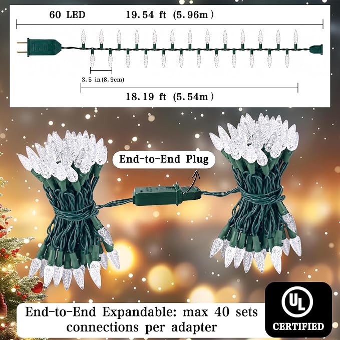 Heyworld C6 Gentle Twinkle Christmas Light, 60 LED Soft Twinkling Strawberry Lights, UL Certified 19.5FT Waterproof Connectable for Indoor Outdoor Xmas Tree Wedding Party Decor（Warm White）