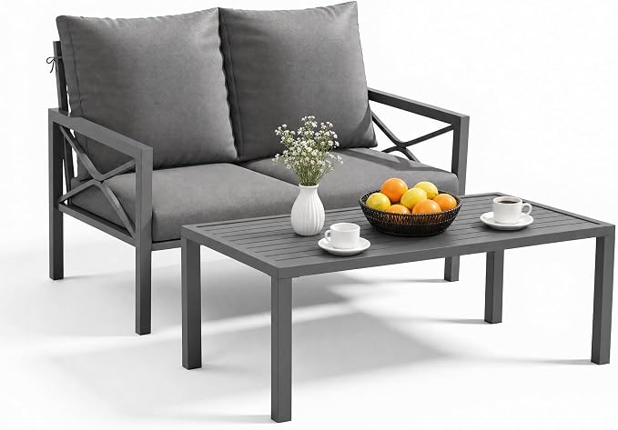 2-Piece All-Weather Metal Patio Furniture Set, Cushioned Loveseat 2 Seats Sofa Bench w/Coffee Table, Heavy Duty Steel Frame & Washable Cushions for Backyard Garden (Grey)