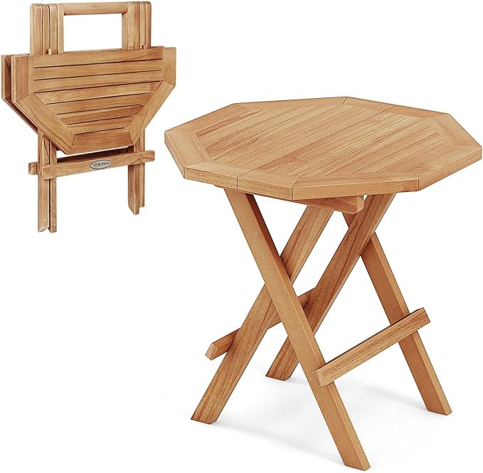 RELAX4LIFE Folding Outdoor Side Table - Teak Wood End Table, Octagonal Coffee Bistro Table w/Slatted Tabletop, Portable Picnic Camp Table for Poolside Porch Garden, Foldable Small Patio Table