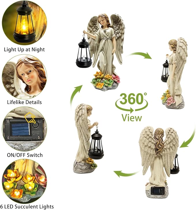 Solar Garden Statue Angel Figurine - 11.8 Inch Fairy Angel Solar Lights Outdoor with Hanging Lantern for Balcony Patio Yard Ornament, Cemetery Grave Decoration, Gifts for Women Mom, Memorial Gifts