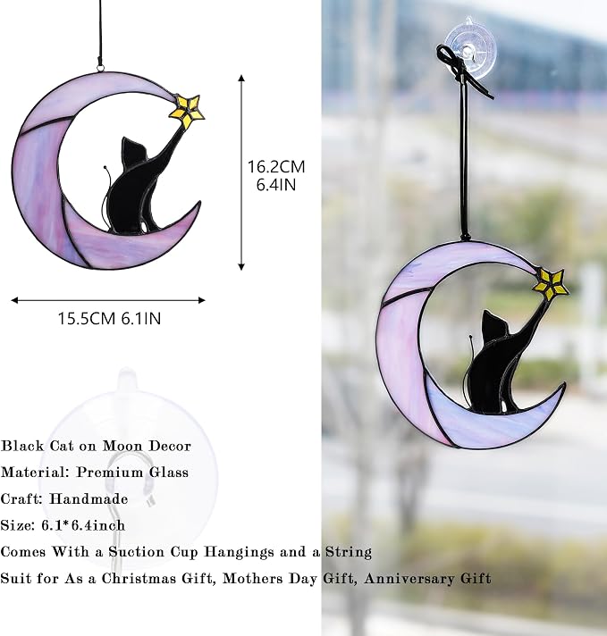 6.5'' Stained Glass Window Hanging Suncatcher-Black Cat on Purple Moon | Wall Art Glass Window Panel Sun Catcher,Halloween Decoration,Memorial Gift for Lover Cat Loss Women