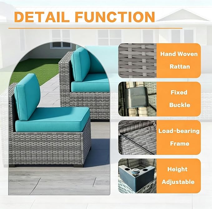 MOCHITO 5 Pcs Outdoor Patio Furniture Sets Grey Rattan Turk Blue Cushions | All-Weather Sectional Sofa, with Glass Table, PE Rattan Wicker Patio Furniture , Washable Cushions, for Balcony Porch Garden