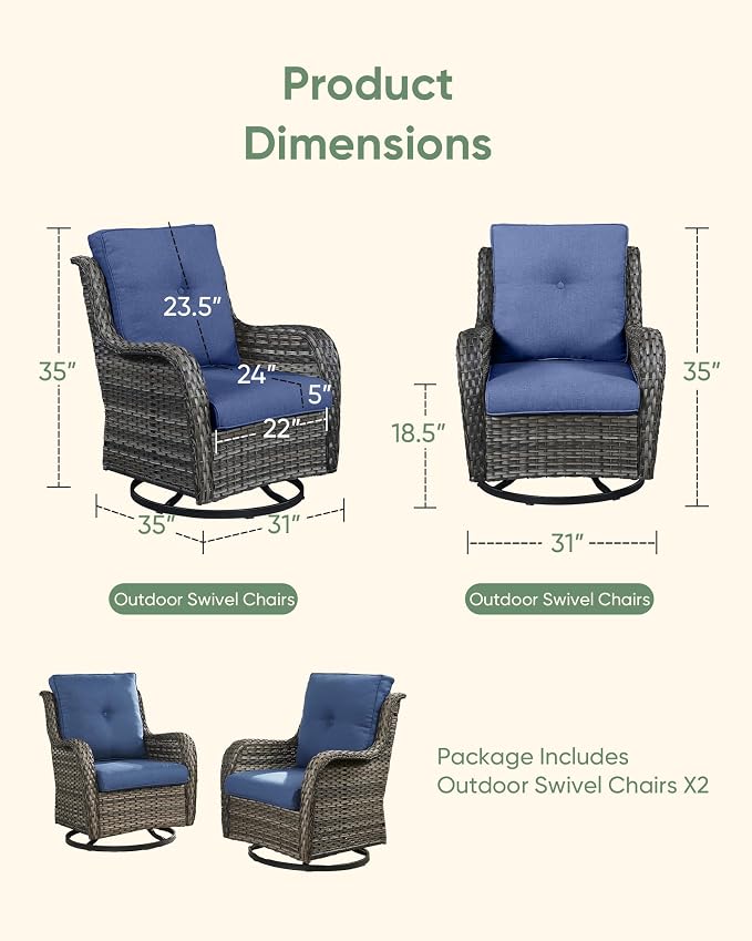 HUMMUH Outdoor Swivel Rocker Wicker Patio Chairs, Set of 2, Grey and Blue | 360° swivel and rocking motion, 5 in polyester cushions, wicker construction, for porch, balcony, deck, and patio