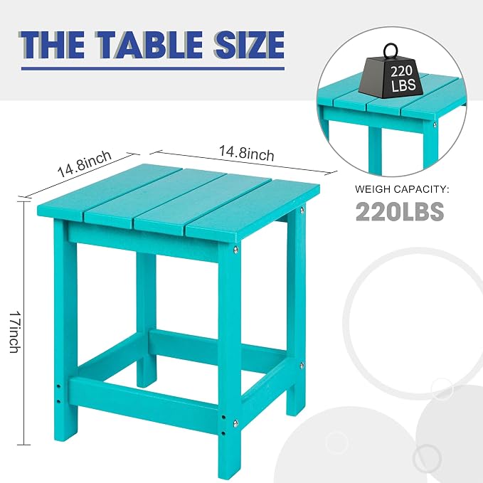 LZRS Patio End Table, Heavy Duty HDPE Outdoor Coffee Table with Wood Texture, Weatherproof Composite Table for Adirondack Chairs, Deck, Pool, Indoor/Outdoor, No Peeling or Cracking(Turquoise)