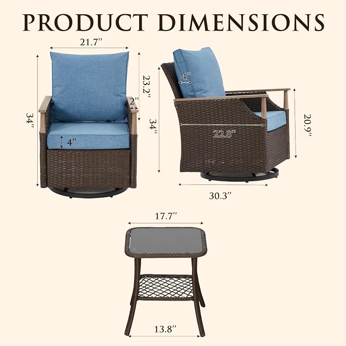 MELLCOM Patio Furniture Set of 3, Wicker Swivel Glider Chairs with Side Table and Thick Cushions, All Weather Rattan Bistro Set for for Patio, Garden, Backyard and Porch