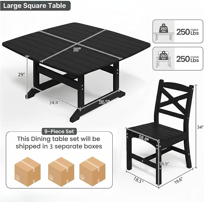 Outdoor Dining Set, HDPE 9-Piece Patio Table and Chairs Set, All-Weather Outdoor Dining Table Set for 8 with Umbrella Hole, Durable Patio Furniture Set with Chairs,Black
