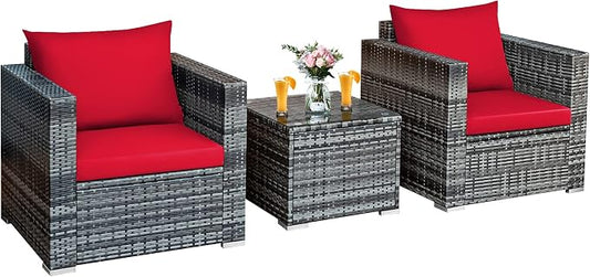 Tangkula 3 Pieces Patio Furniture Set, PE Rattan Wicker Sofa Set w/Washable Cushion and Tempered Glass Tabletop, Outdoor Conversation Furniture for Garden Poolside Backyard