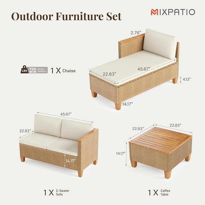 MIXPATIO Wicker Outdoor Patio Furniture Set 3 Pieces Patio Chaise Longue Conversation Set, Rattan L-Shaped Sofa Couch with Acacia Wood Coffee Table for Deck Porch and Garden