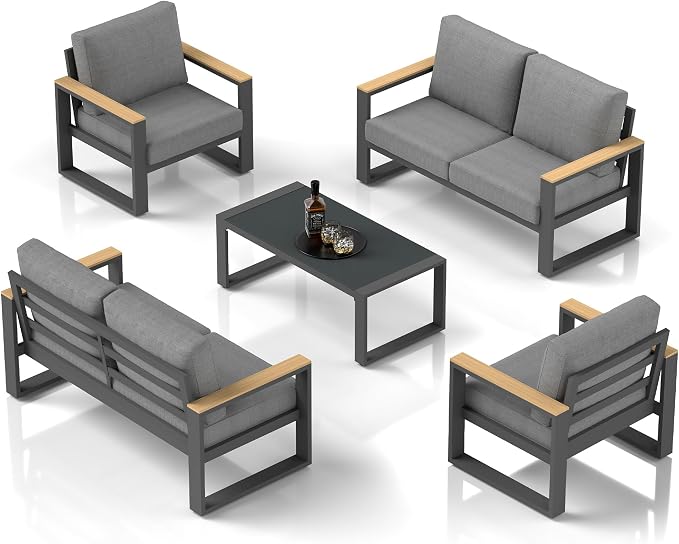 Aluminum Outdoor Patio Furniture Set with Height-adjustable Footrest for Lawn Porches Patio, 6-Seats All-weather Patio Sofa Sets with Coffee Table, Modern Outdoor Patio Conversation set, Grey