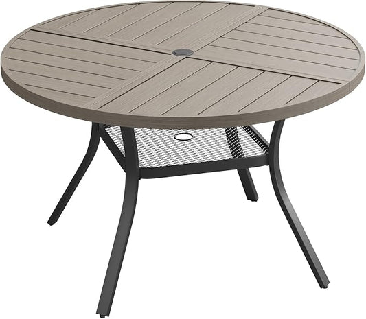 Patio Dining Table for 4, Round Metal Outdoor Table with Storage Shelf, 1.57" Umbrella Hole, 41" Outdoor Quartered Tabletop Dining Table for Backyard, Porch, Lawn, Grey