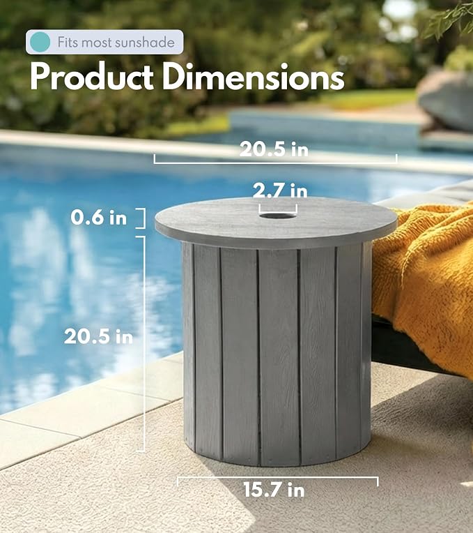 PASAMIC 2-in-1 Patio Table Umbrella & Outdoor Side Table, Large Round Small Outdoor Table with Umbrella Hole, Fits 1.5-1.9in Pole, 5Gal Water Bag Base, HDPE for Poolside, Deck, Garden Use, Gray