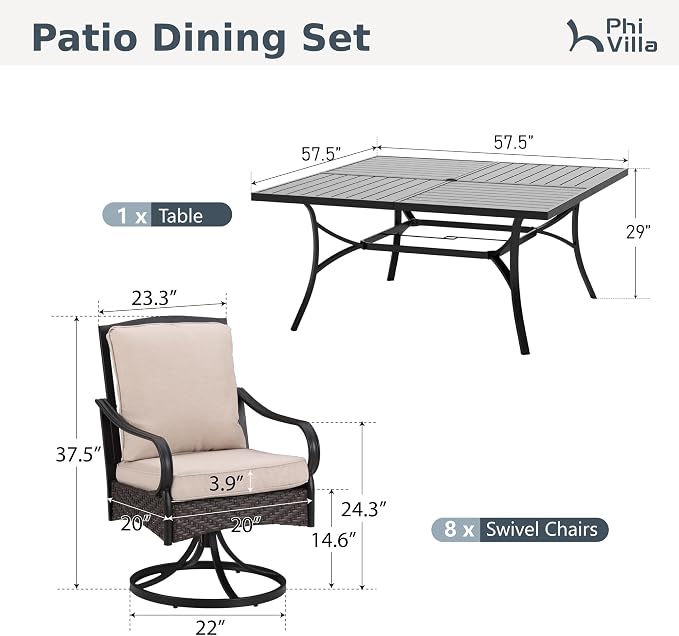 PHI VILLA 9 Piece Outdoor Dining Sets, 57.5" All-Weather Patio Table and Chairs Set for 8, Heavy Duty Patio Table Set Square for Deck, 8 Extra Large Outdoor Swivel Chairs with Thick Cushions