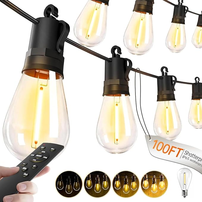 Outdoor String Lights Patio LED - Light Outside Waterproof S14 Porch Lighting Edison Plastic Bulb Pergola Hanging Balcony Connectable Backyard Yard Gazebo Party Garden Bistro 30M 100FT