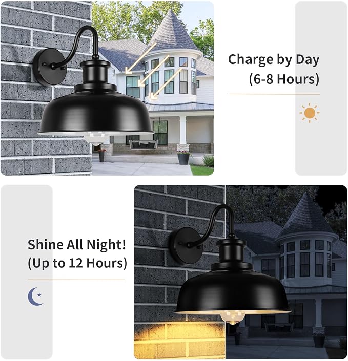 Solar Barn Lights for Outside, Outdoor Wall Lights Solar Powered, Farmhouse Exterior Wall Sconces, Industrial Exterior Lighting Fixture, Rustic Lantern for Garage, Barn, Shed,RZSR007-2