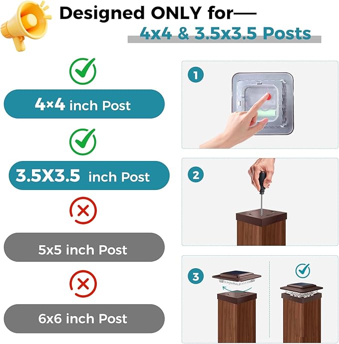 kolpop 4x4 Solar Post Cap Lights Outdoor 2Pack- 3 Color Temperatures&2 Level Brightness, IP65 Waterproof, 16 LED Fence Deck Post Light Solar Powered Only for 4×4/3.5×3.5 Wood/Vinyl Posts(Brown)