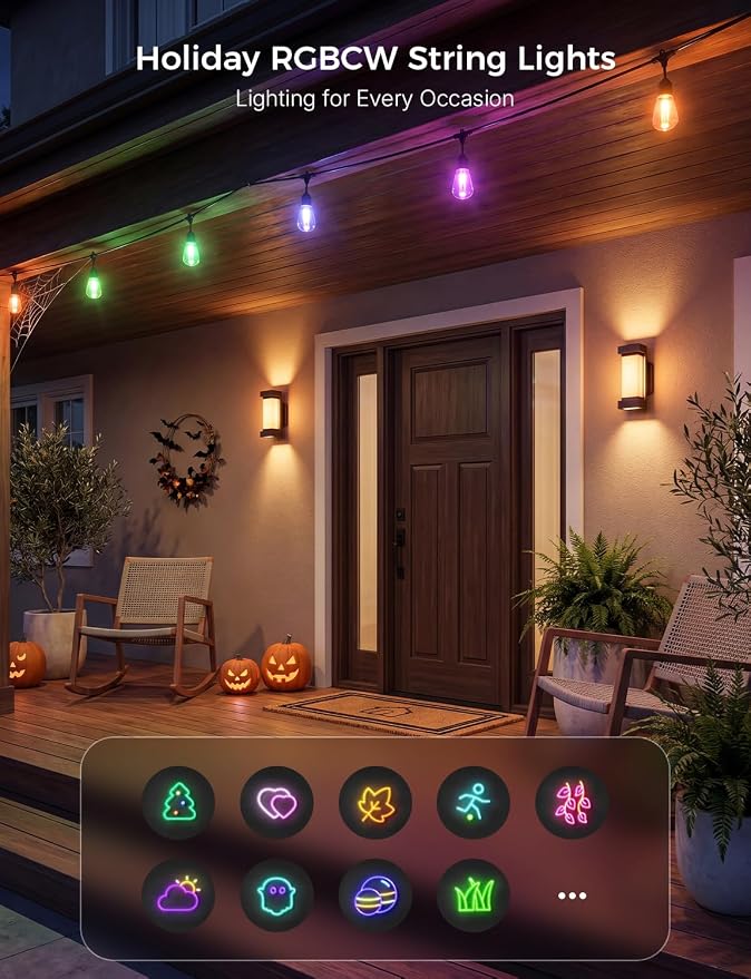 XMCOSY+ Smart Outdoor String Lights 49FT, LED Patio Lights with App Control | DIY Color Changing, RGBCW Dimmable White, Segment Control, Alexa Voice Control, Shatterproof IP65 Waterproof Outside Lights
