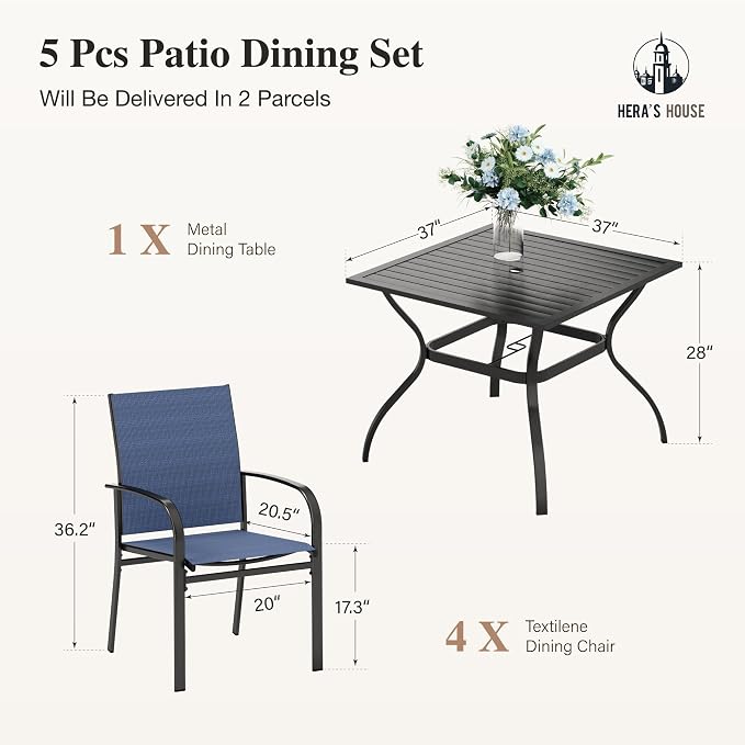 HERA'S HOUSE Patio Table and Chairs for 4, Outdoor Dining Set, Blue | 37" square metal dining table with textilene Chairs, Rust-resistant all-weather for Lawn Garden Backyard