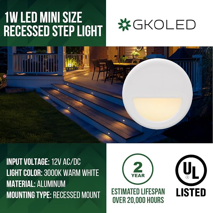 12 Pack Recessed Low Voltage Mini Size LED Step Riser Light, Φ1 Halfmoon Landscape Lighting for Outdoor Deck Stair Railing Post, 12V 3000K Die-cast Aluminum, White