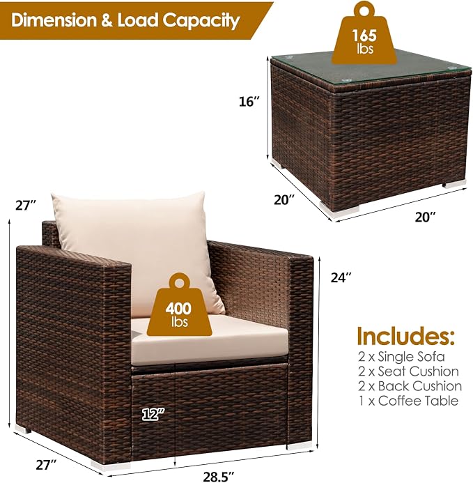 Patio Conversation Set Outdoor, 3-Piece Rattan Wicker Furniture Set with Water-Resistant Cushion & Tempered Glass Tabletop, Patio Furniture Set for Balcony, Porch, Poolside(Beige)