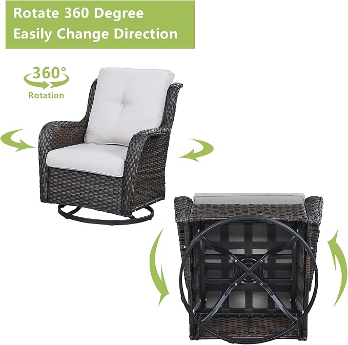 Outdoor Wicker Patio Furniture Set - 6 Piece Rattan Patio Conversation Set with 2 Rocking Swivel Chairs,2 Ottomans,1 Loveseat and 1 Coffee Table for Porch Deck Backyard Garden(Brown/Beige)
