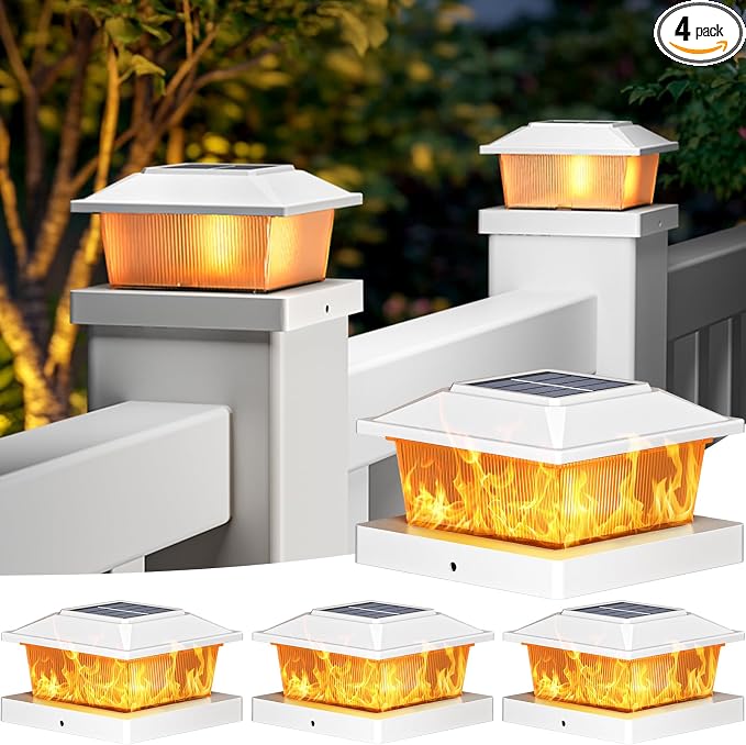 btfarm 4x4 Solar Flame Post Cap Lights Outdoor, 4 Pack Flickering Flame Deck Fence Post Lights, Waterproof Solar Powered Lighting Outside Fit 4x4 3.5x3.5 Wooden/Vinyl for Porch Patio Garden