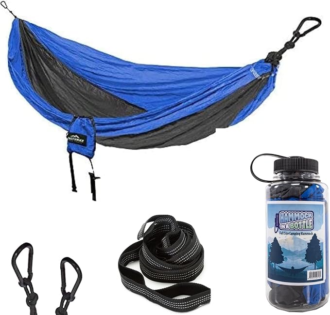 Hammock in a Bottle By Castaway Living, Blue/Black Double Camping Hammock with 2 Tree Straps, 32 oz. Bottle, Triple Stitched Durable Nylon Material, Compact Design for Travel, Backyard, 400 Lbs.