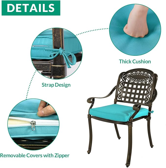 VIVIJASON 7-Piece Patio Furniture Dining Set, All-Weather Cast Aluminum Outdoor Conversation Set, Include 6 Cushioned Chairs and a Rectangle Table with Umbrella Hole, Ocean Blue Cushion