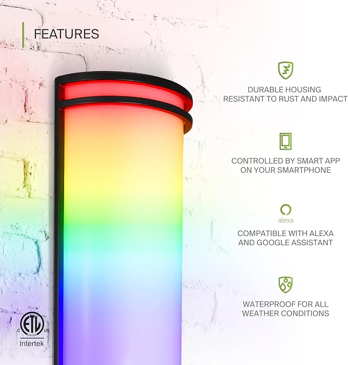 ASD 24 Inch Smart RGBW LED Outdoor Sconce Lights - 23W 120-277V 2700-6500K Black Exterior Lighting Fixtures, Remote Control Alexa Exterior Lights for House, Patio Wall Light Fixture ETL 2 Pack