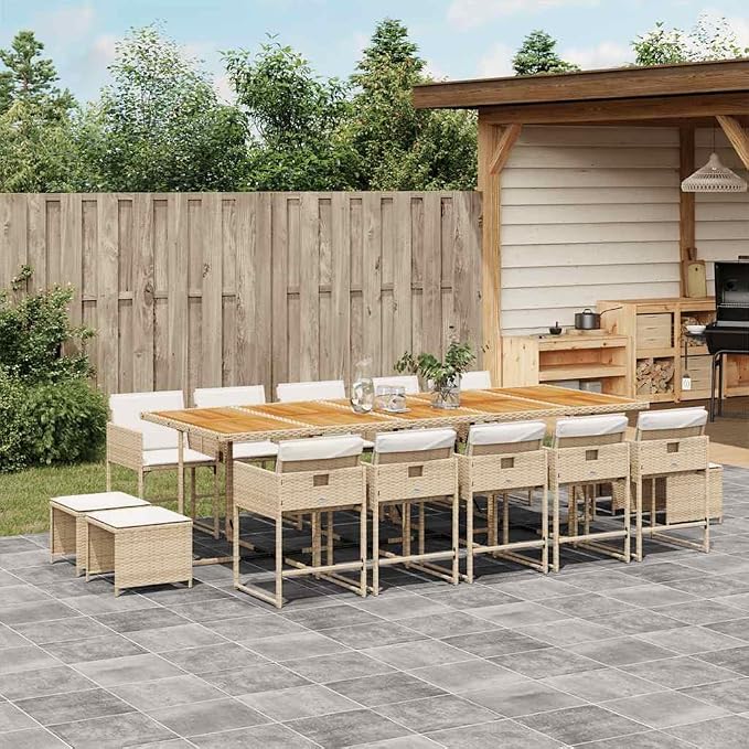 15 Piece Patio Dining Set with Cushions Beige Poly Rattan Outdoor Furniture Table and 10 Folding Chairs with Stools for Garden Backyard Relaxing Dining Space Saving