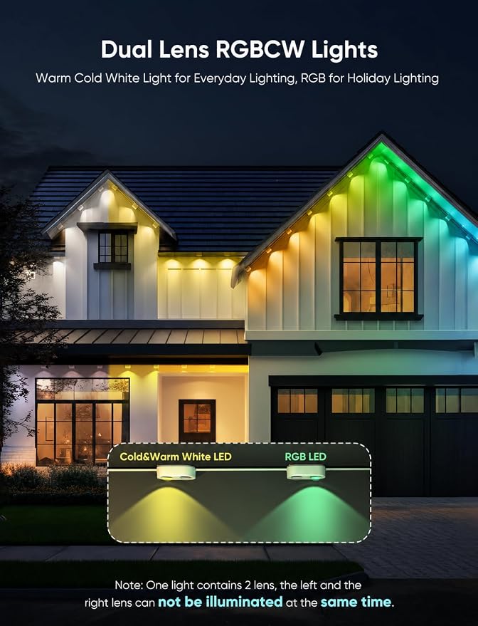 APPECK Permanent Outdoor Lights Pro, 200ft with 144 RGBCW Eaves Lights | Dual Lens, 144W, 80lm, Cuttable, IP67 Waterproof Lighting for Daily and Holiday Decor, Compatible with Alexa, White