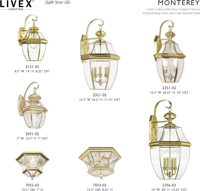 Livex Lighting 2051-02 Monterey 1-Light Wall Lantern, Polished Brass | Clear Beveled Glass; Solid brass construction