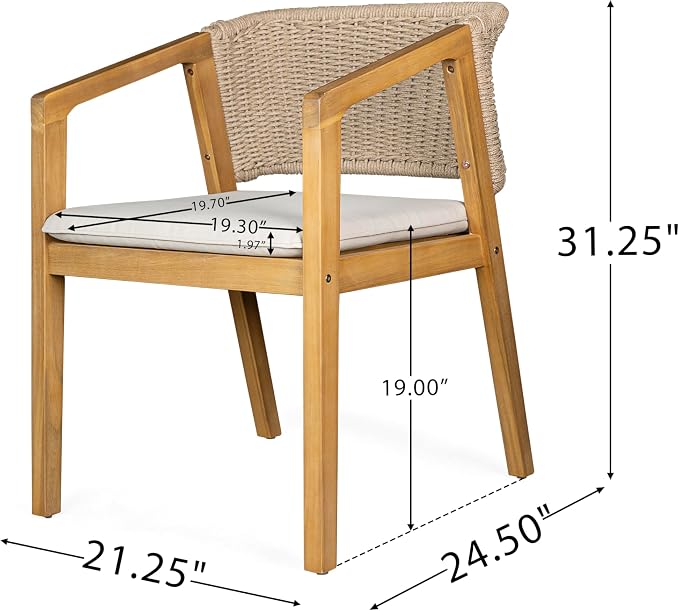 7-Piece Outdoor Acacia Wood Dining Set, Patio Dining Set, 69" Rectangular Patio Table & 6 Mix Brown Rope Arm Chairs with Beige Cushions