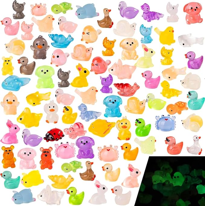 120 pcs Luminous Mini Resin Animals to Hide Glow in The Dark Figures Miniature Little Small Animal Figurines Bulk for Micro Fairy Garden Landscape Accessories Hide Crafts Decor Aquarium