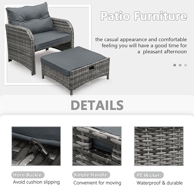Patio Chair with Ottomans and Table, 5 Piece PE Wicker Rattan Outdoor Patio Furniture Set, Space Saving Design Outdoor Chairs with Ottomans Set for Balcony Poolside Front Porch Deck, Grey