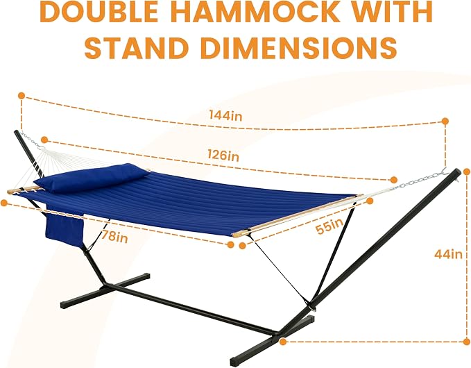 Lazy Daze Hammocks 2 Person Portable Hammock with 12FT Stand for Outside, 10.5FT Quilted Double Hammock with Spreader Bar and Detachable Pillow, 450lbs Capacity for Outdoor Patio, Navy Blue