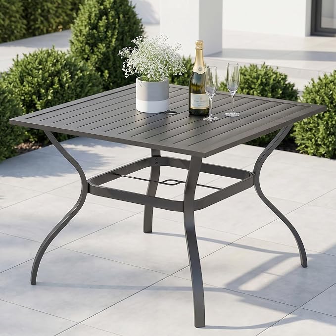 PHI VILLA 37" Patio Table for 4, Metal Outdoor Dining Table with E-Coating, Square Steel Slated Outdoor Table with 1.57" Umbrella Hole for Garden Backyard, Black