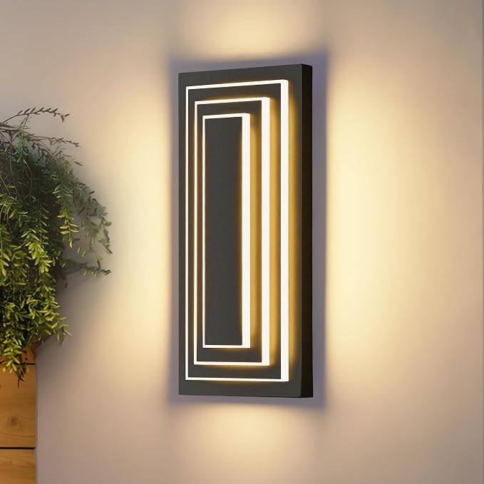 Outdoor Wall Lights,Large Exterior Lighting Fixtures 15.7 in,24 W | 3-Tier Black Modern Wall Sconce,LED Front Porch Lights, Waterproof,3000K Warm White,Metal,Acrylic,1 Pack