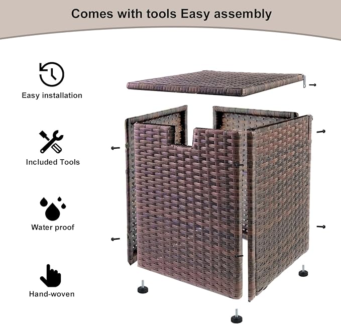 20 LB Wicker Propane Tank Cover Table, Weatherproof Outdoor Propane Tank Hide with Adjustable Feet,Perfect for Backyard, Balcony and Poolside（Brown）
