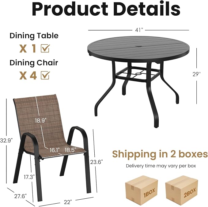 Soohow Outdoor Dining Set for 4, 5-piece Outdoor Patio Dining Set 4 x Stackable Patio Chairs & 1 x Round Table with Umbrella Hole, All-Weather Outside Table and Chairs for Backyard, Balcony, Porch