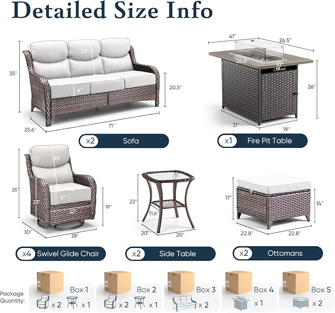 Belord Luxury 6" Thick Cushioned 11 Pieces Patio Furniture Set with Fire Pit Table, Wicker Outdoor Conversation Set with High Back Swivel Rocker Chairs for Deck Porch Yard and Poolside - Brown+Beige