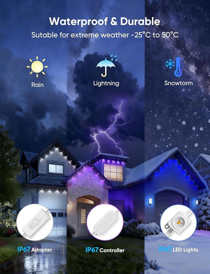 RGBW Permanent Outdoor Lights 300ft, 40ML, with 216 LED Bulbs, White | IP67 Waterproof, 111 Scene Modes, 2700K Warm White, Music Sync, Individual Control, Eave Lights Compatible with Alexa