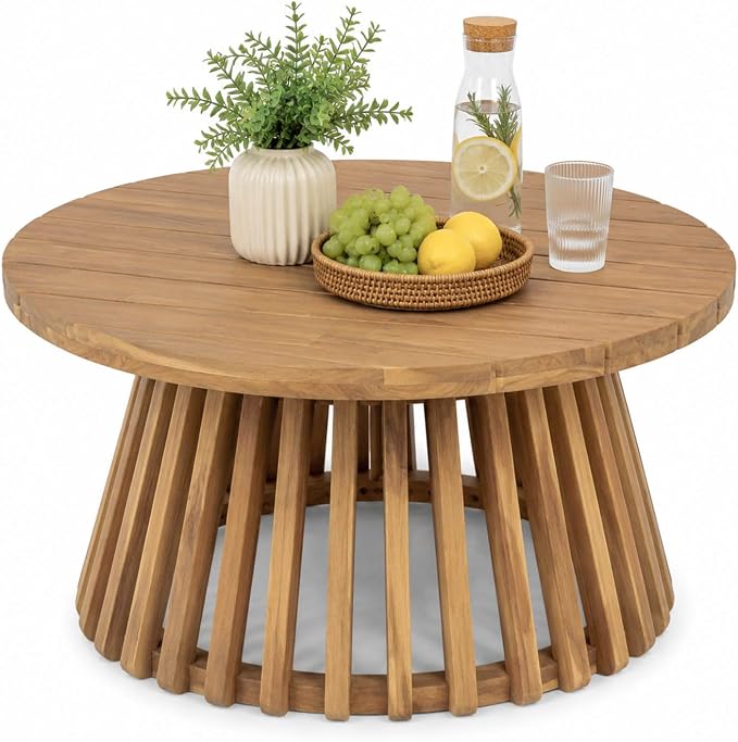 Round Outdoor Coffee Table for Patio, 31.5 Inch Acacia Wood Side Table with Slatted Pedestal Base, Farmhouse Outside Coffee Table for Garden, Balcony, Poolside, Porch, Weather-Resistant, Light Teak