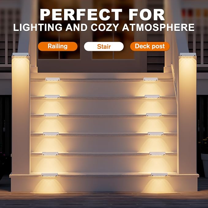Solar Fence Lights Outdoor 12 Pack, IP65 Waterproof Large Size LED Solar Deck Lights with Lenses, Auto ON Off Warm White Step Lights for Outside, Patio, Fence, Yard and Railing Decor (White)