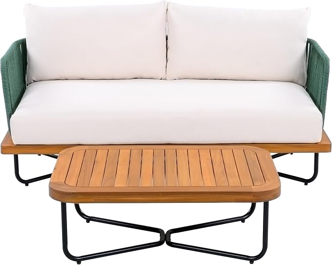 Christopher Knight Home Elly Acacia Wood Outdoor Loveseat and Coffee Table Set, 2 Piece Patio Furniture Set with Metal Frame, Outdoor Conversation Set with Cushion for Backyard, Green+Teak+ Beige